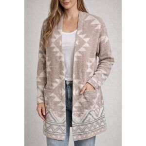 Frye Womens Aztec Southwestern Geometric Open Front Cardigan Sweater Tan Grey L